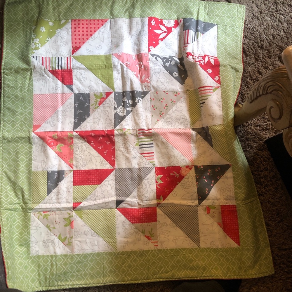Handmade lightweight Patchwork Baby Quilt Lap Quilt in Green, Red, Gray, Pink